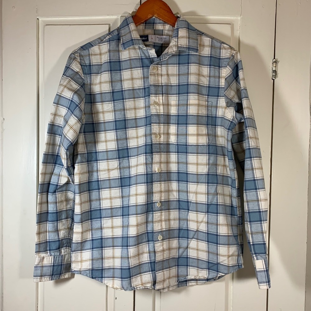 Old Navy Mens Everyday Shirt Regular Fit Built-In Flex Blue Plaid Cotton S Basic